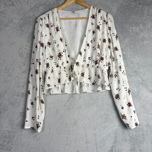 Sunday Best Aritzia White Burgundy Floral Tie Front Blouse Top Large Western